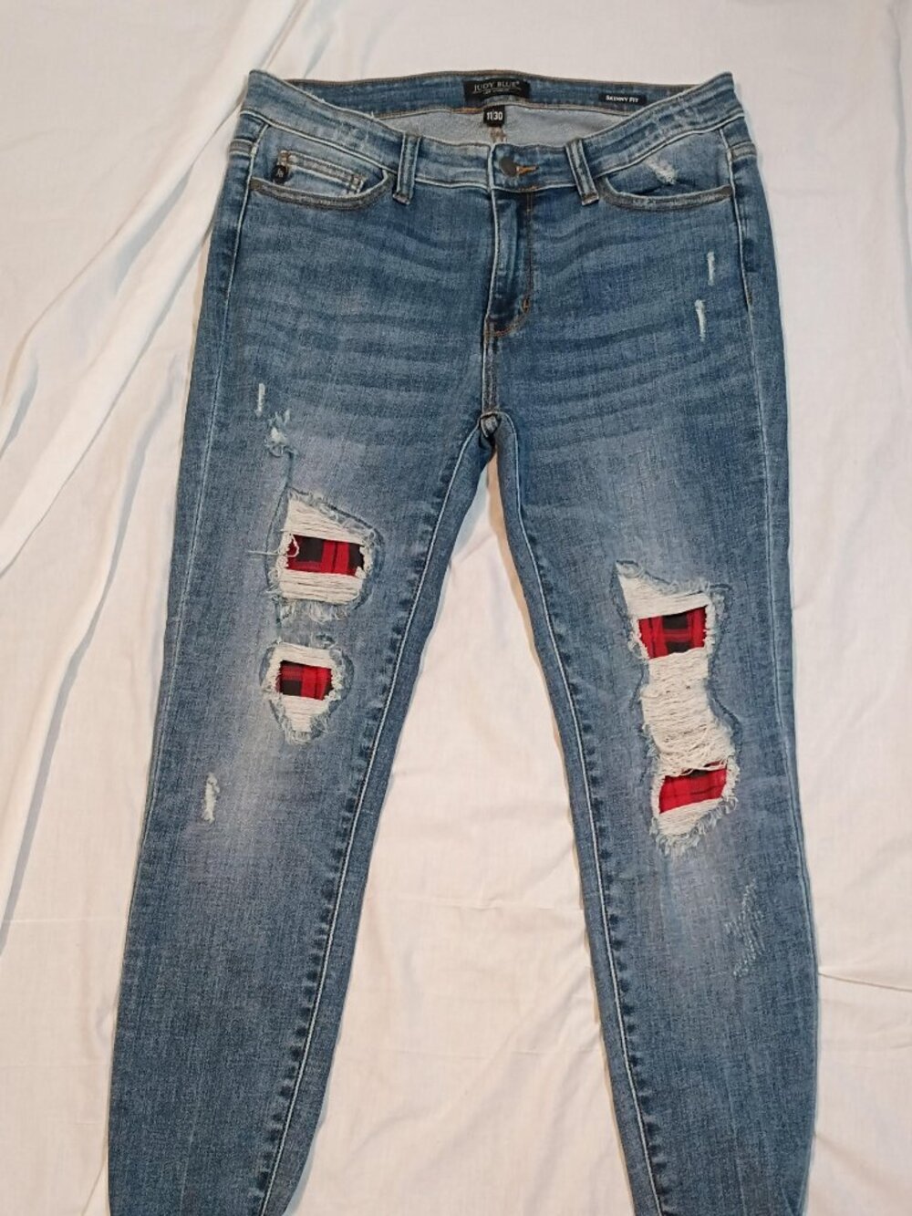 Judy Blue/Jeans/Womens 11-30/Blue/Distressed Buffalo Plaid Patch Skinny Boutique